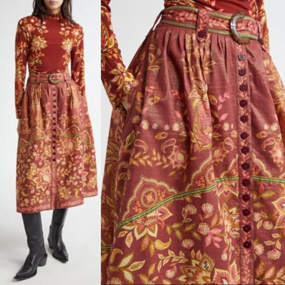 NEW FARM RIO Pineapple Dream Metallic A-Line Skirt Midi Floral Belted Size XS